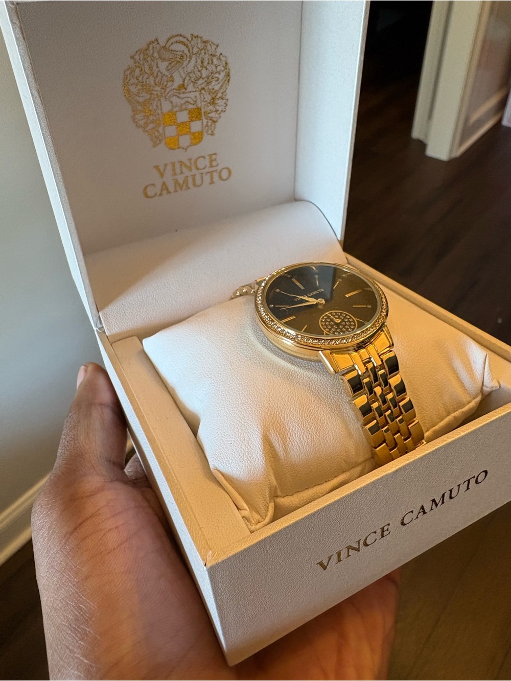 Vince Camuto Gold-Tone Bracelet Watch with Black Dial and Crystal Bezel